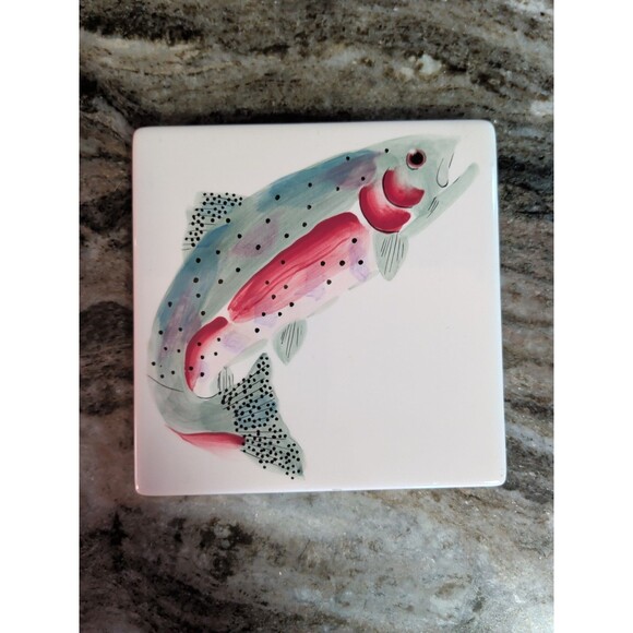 VINTAGE SARAH PETERSON RAINBOW TROUT SERVING TRIVET CARLISLE HARTSTONE SET - Picture 4 of 12
